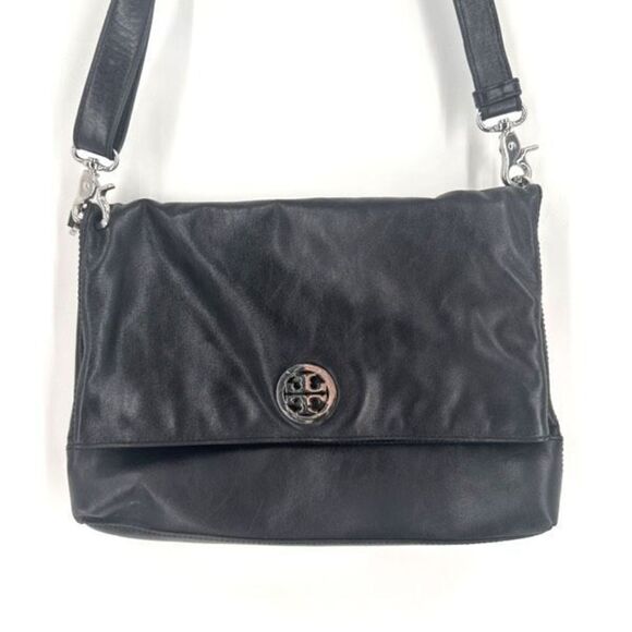Tory Burch Womens Leather Foldover Crossbody Shoulder Bag Dena Black Size Medium - Picture 1 of 16